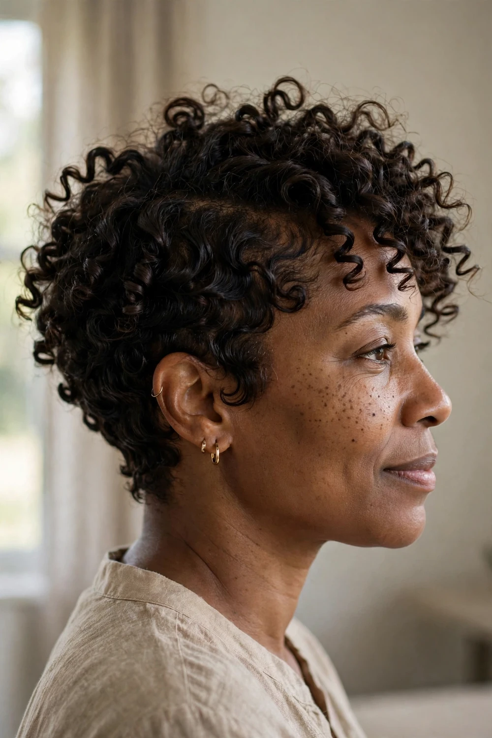Long curly pixie with extra length on top and 3c coils at the temples