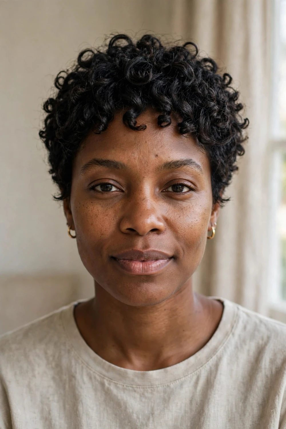 Natural wash-and-go curly pixie with soft 3c coil texture
