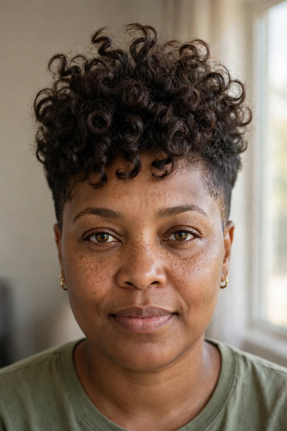 Curly pixie for round faces with height on top and close tapered sides