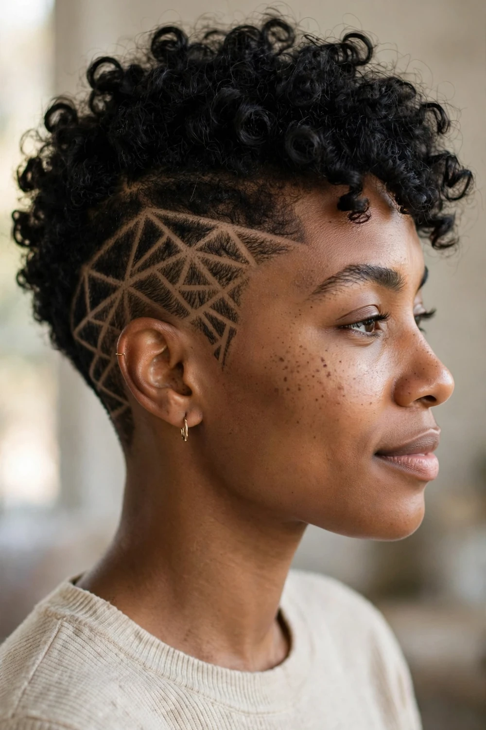 Curly pixie with shaved geometric design on the side and 3c coils on top