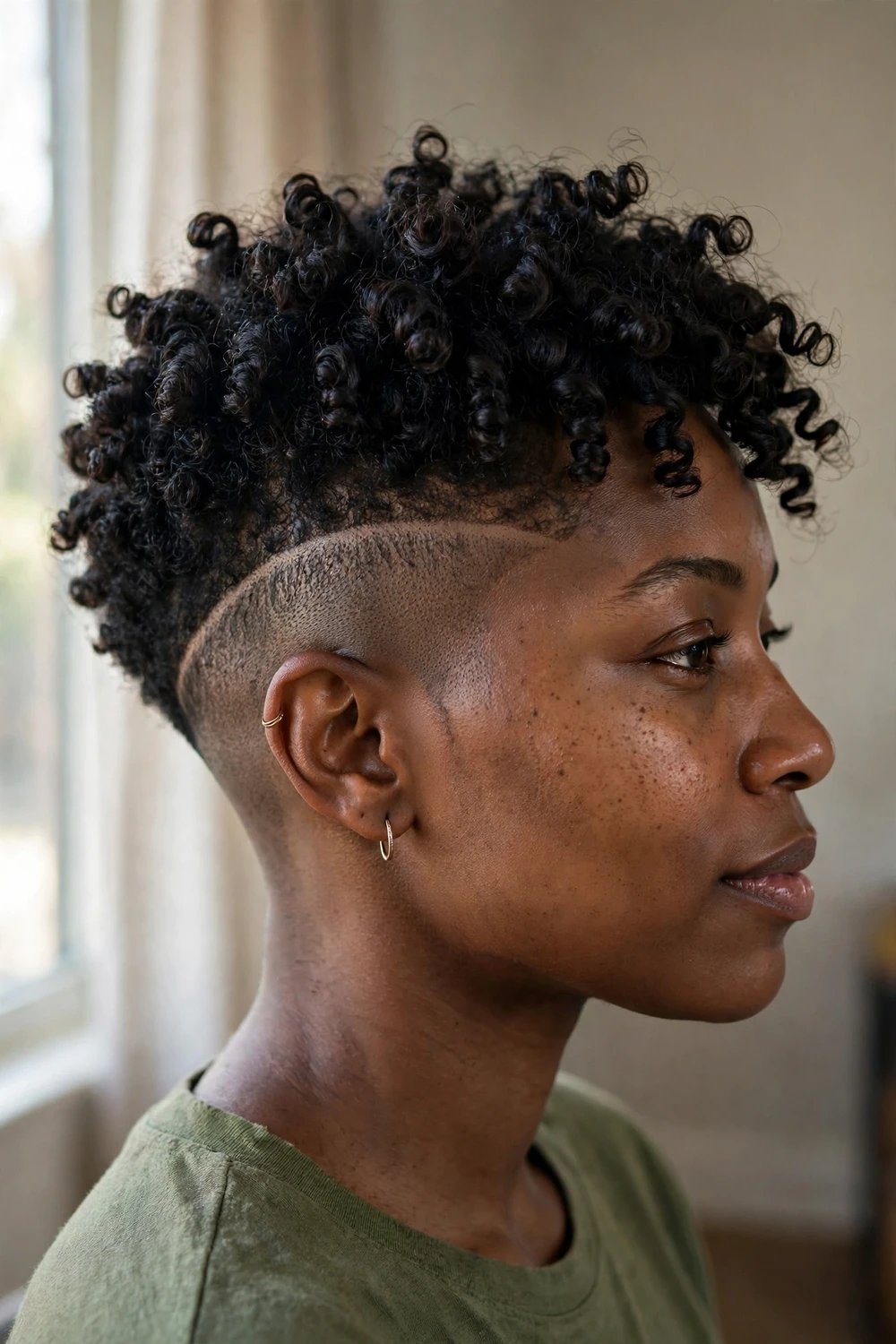 Curly pixie with closely shaved sides and defined 3c coils on top