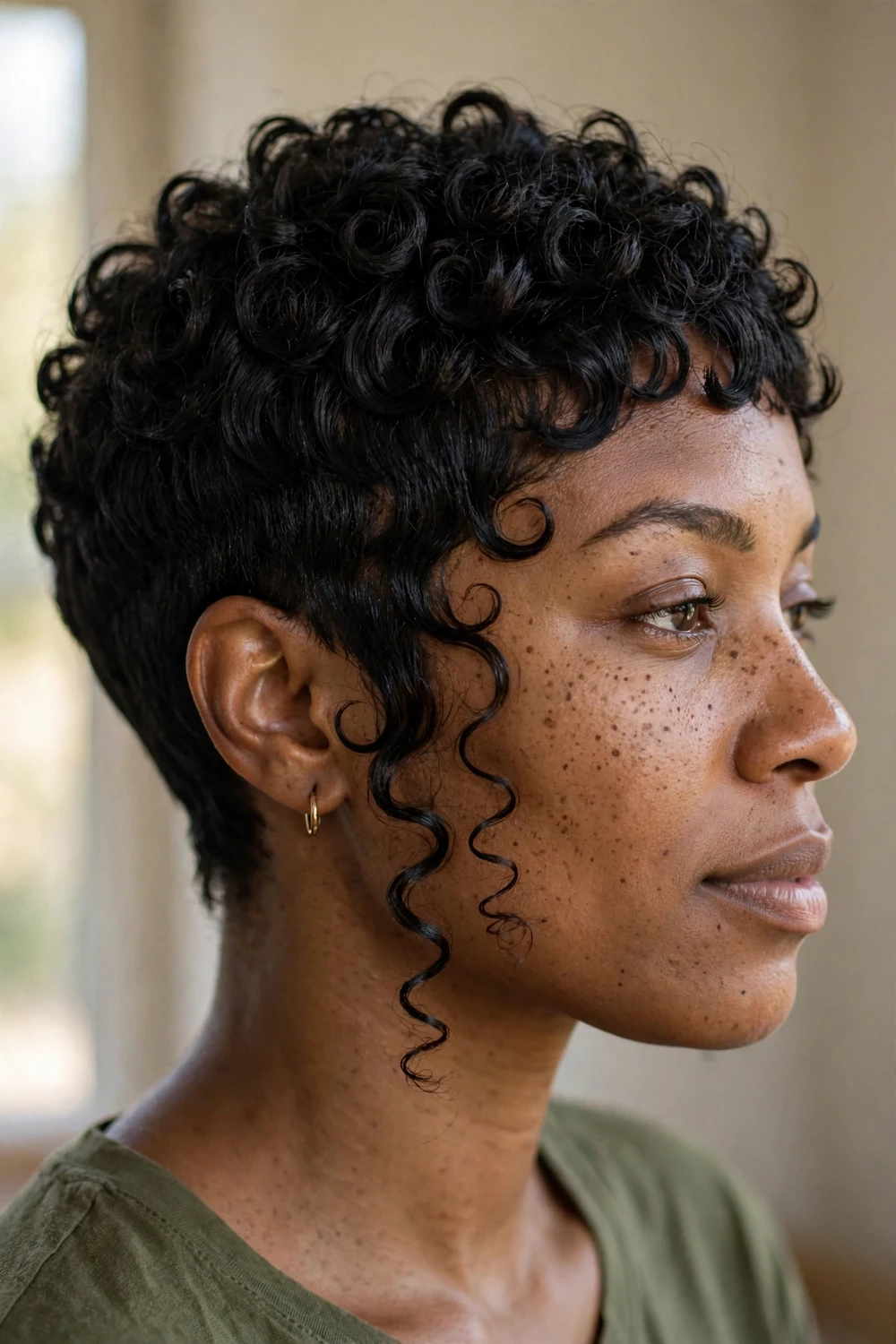 Curly pixie with long curled sideburns framing the cheeks