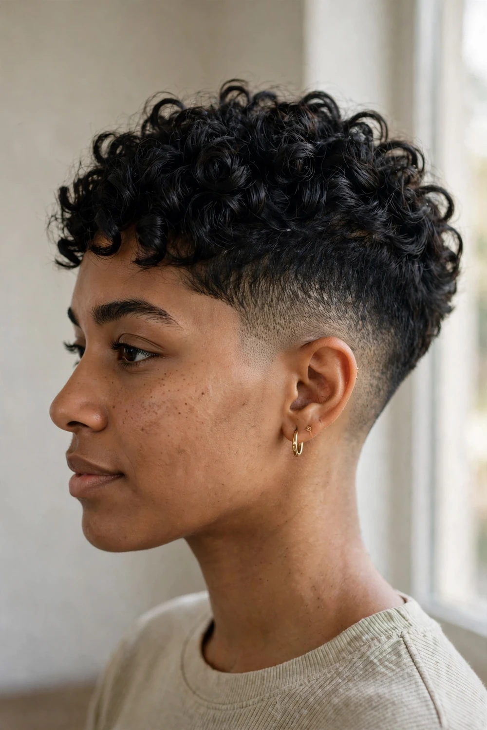 Tapered curly pixie with faded sides and tight 3c coils piled on top