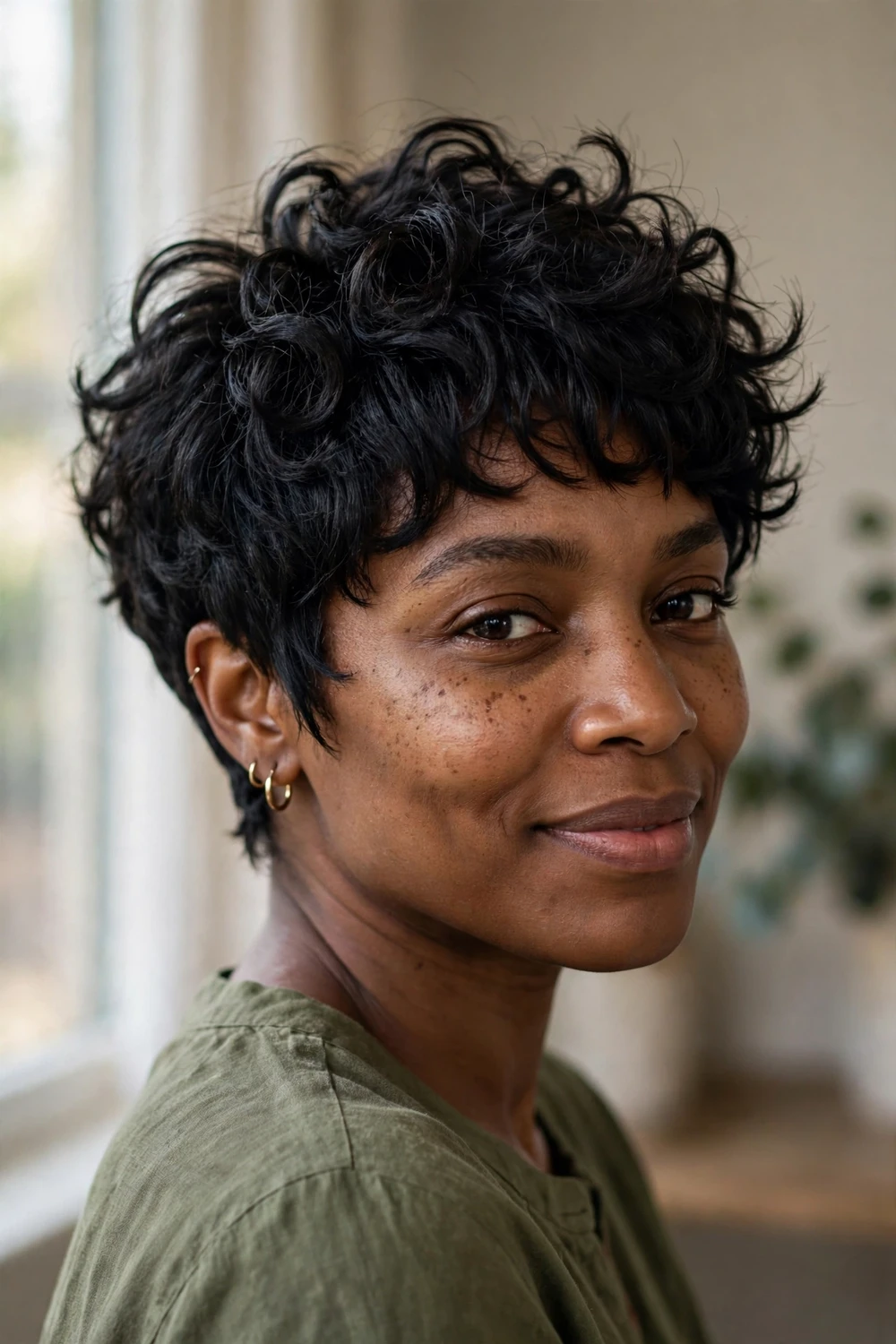 Textured curly pixie with choppy point-cut layers and defined 3c coils