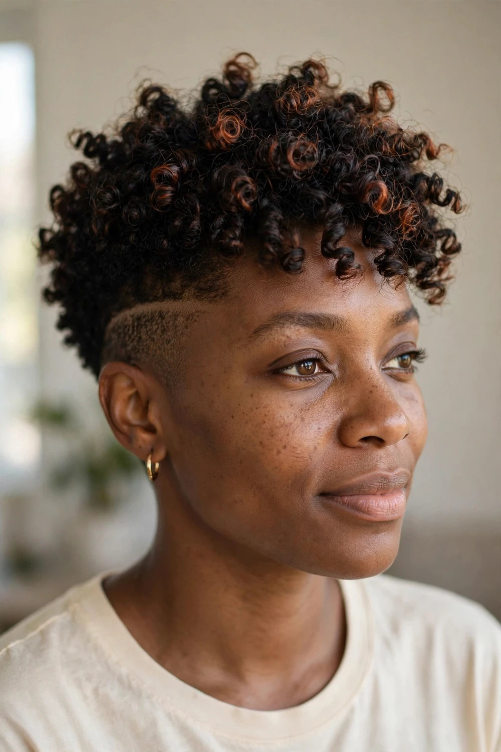 Curly pixie with undercut, shaved sides and voluminous 3c coils on top
