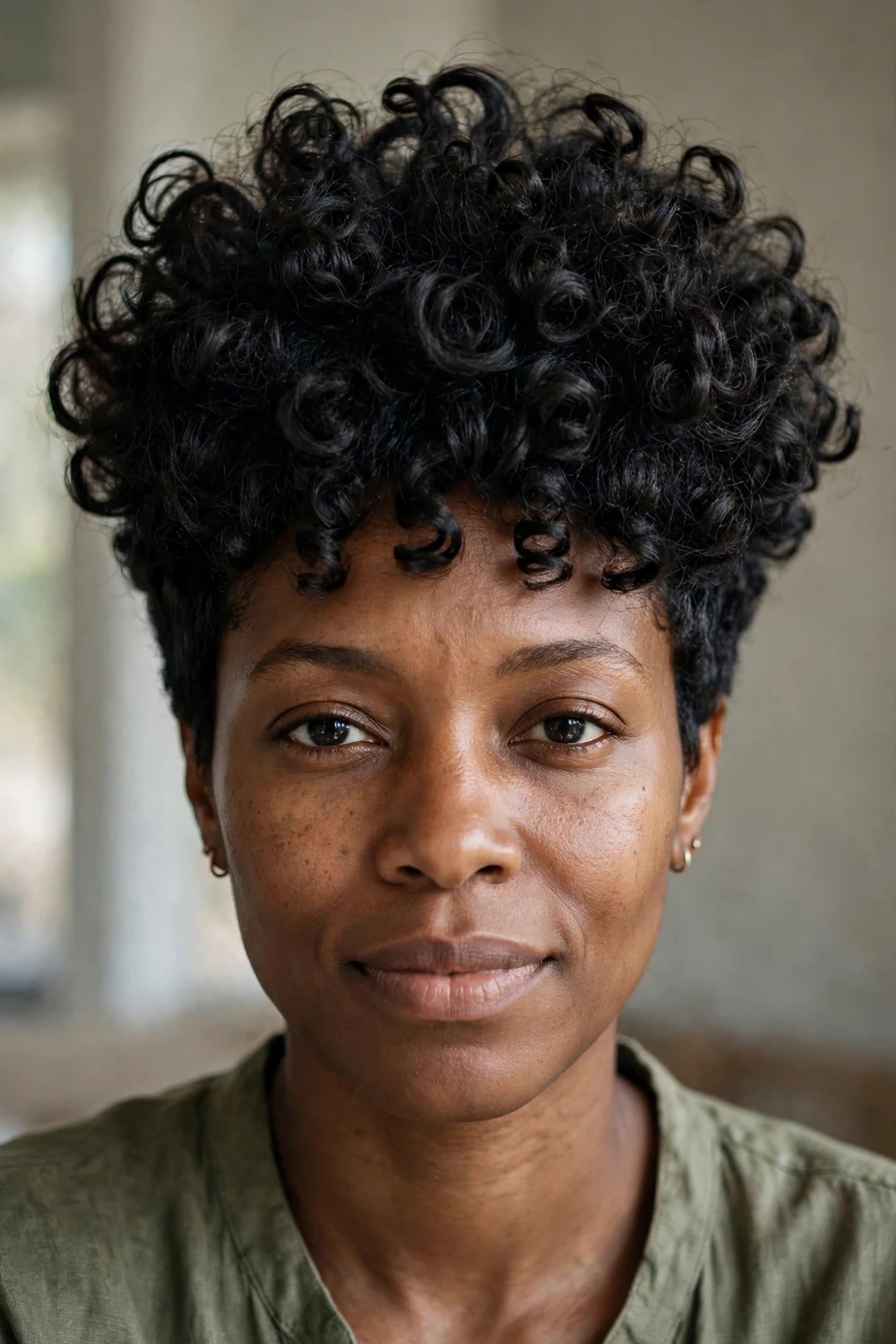 Voluminous curly pixie with big rounded crown of 3c coils