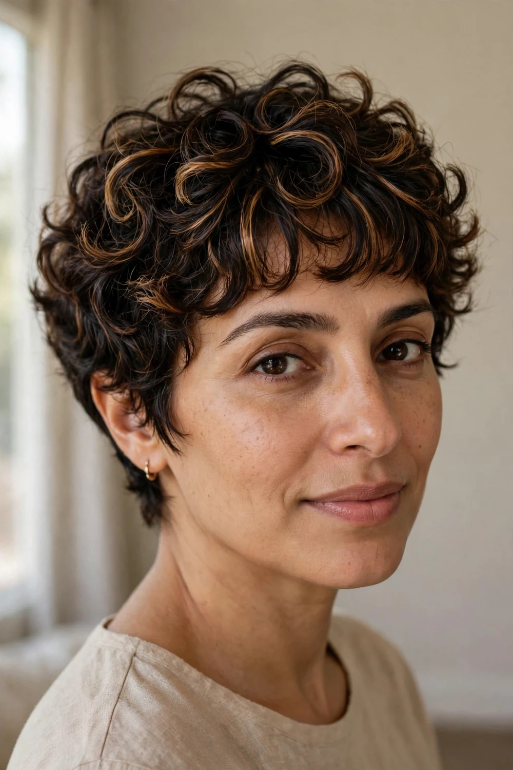 Curly pixie with caramel highlights and bangs