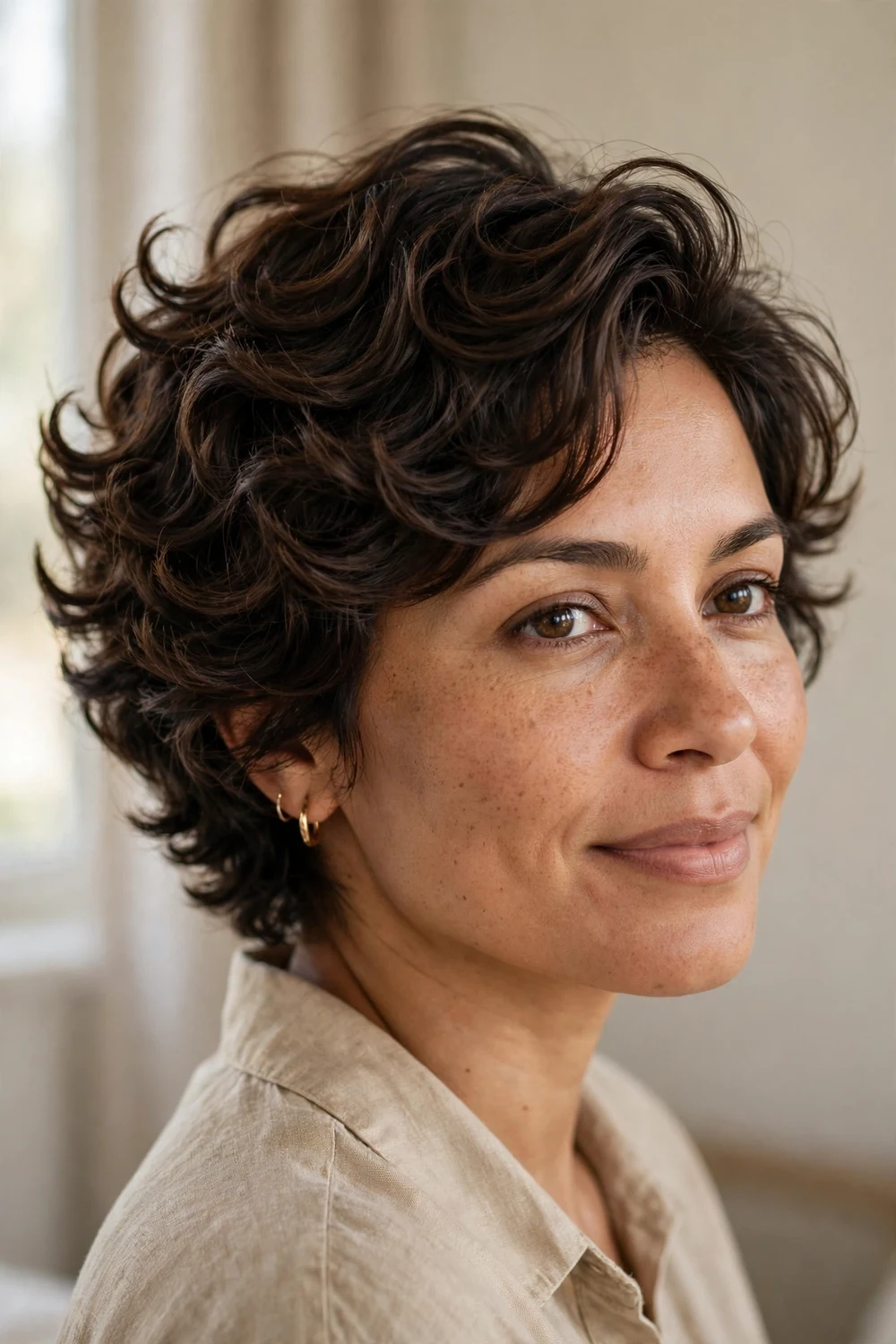 Woman with curly layered pixie with stacked curls on top