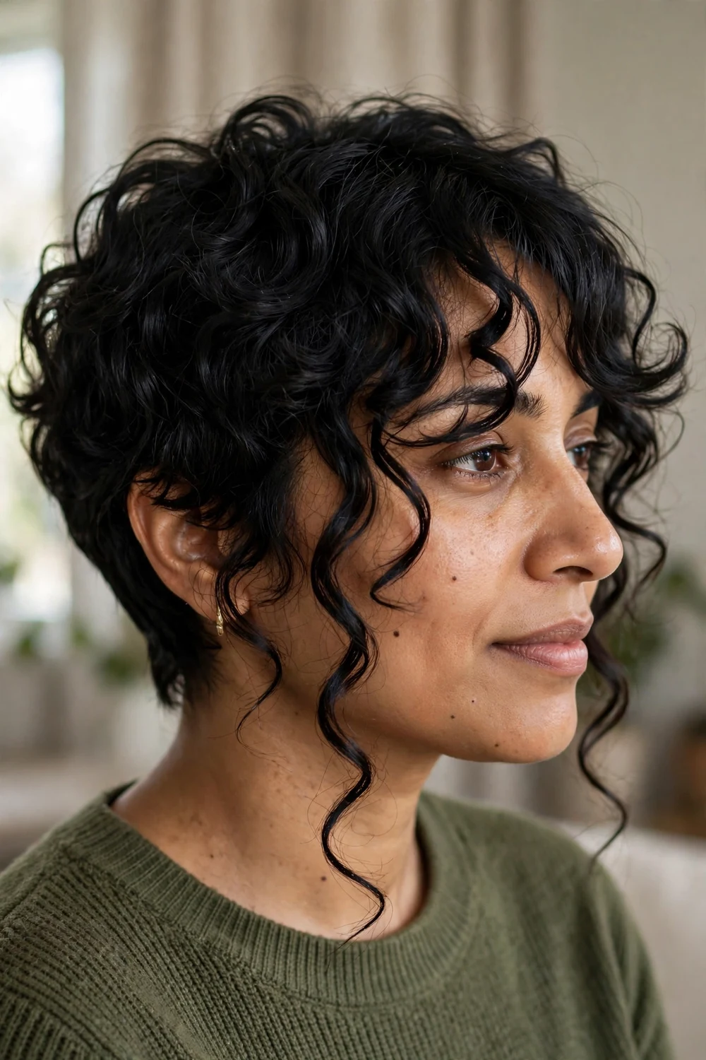 Curly pixie with long curly bangs past the brows