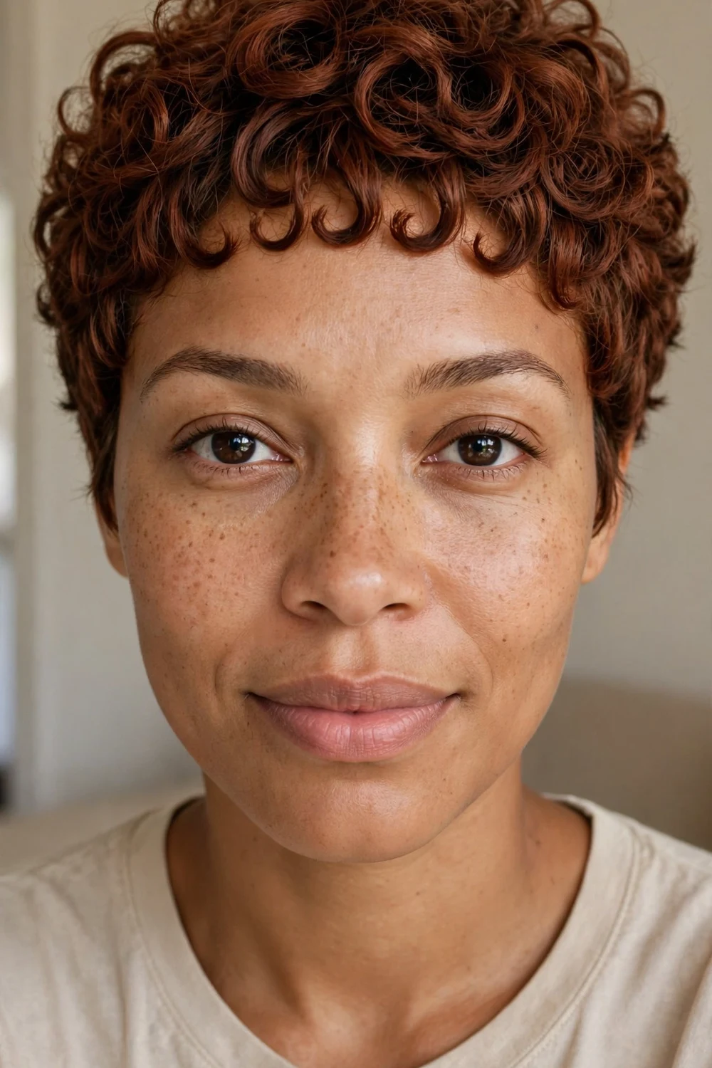 Woman with curly pixie and sculpted curly micro bangs
