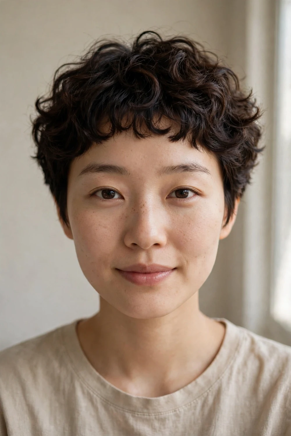 Curly pixie with short micro bangs above the brow