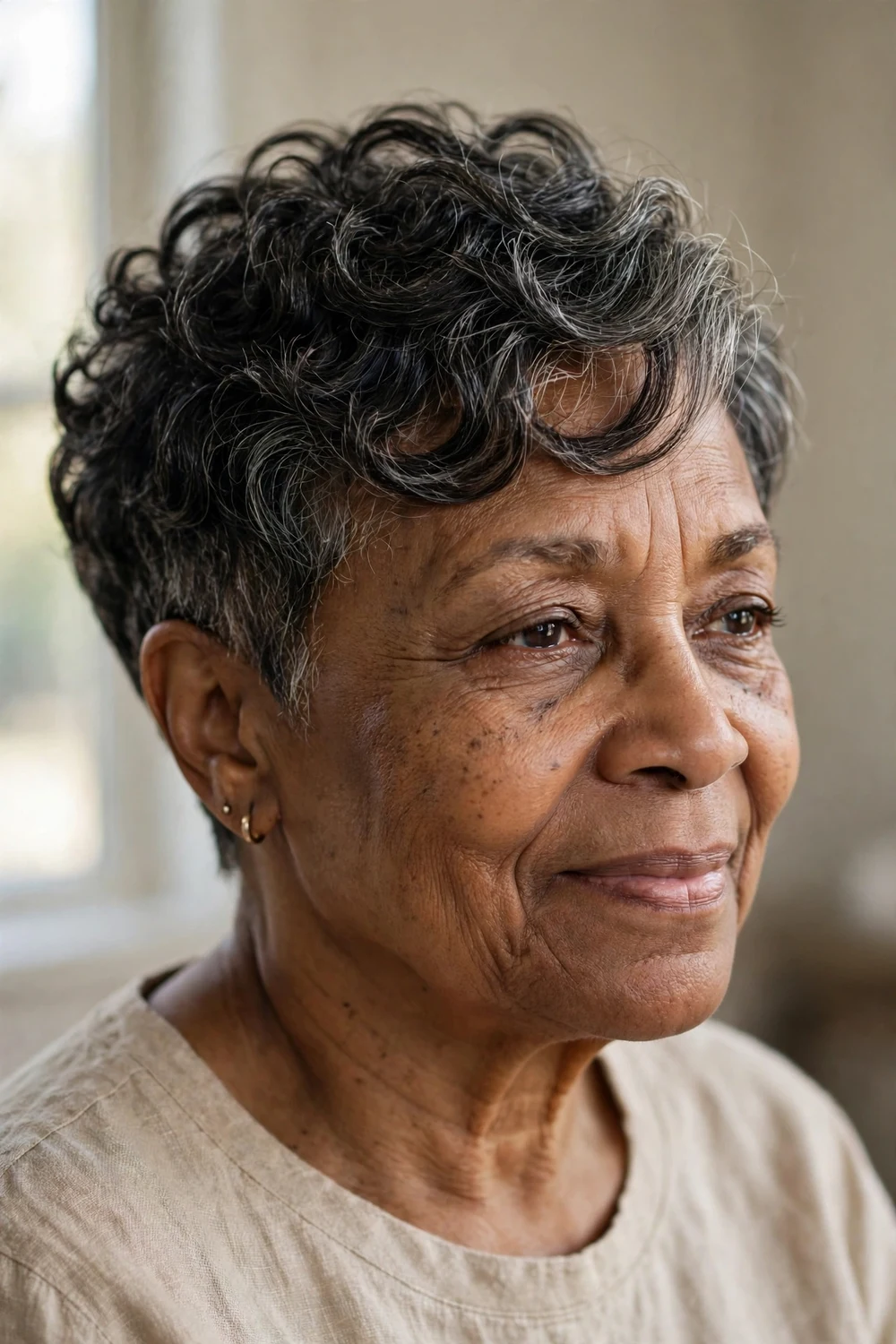 Older Black woman with a curly pixie cut