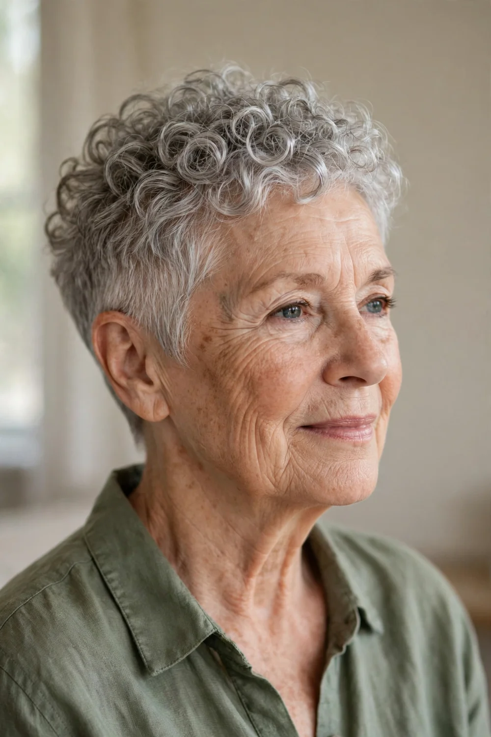 Older woman with a silver curly pixie cut