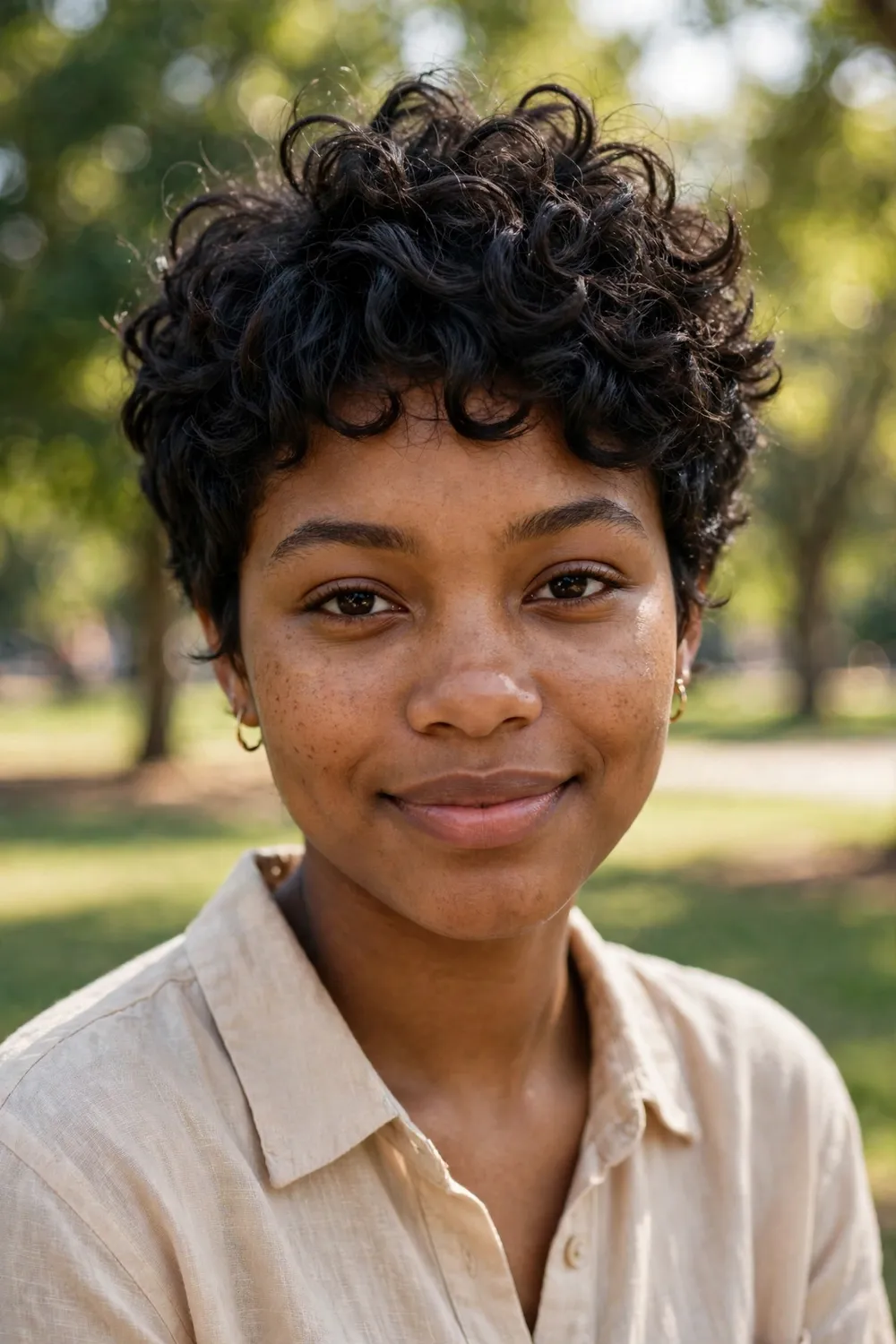 Woman with an oval face wearing a curly pixie