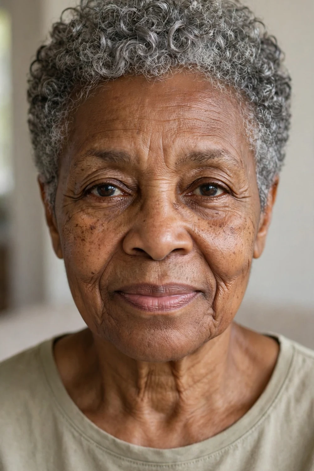 Woman over 60 with short natural gray curly pixie cut