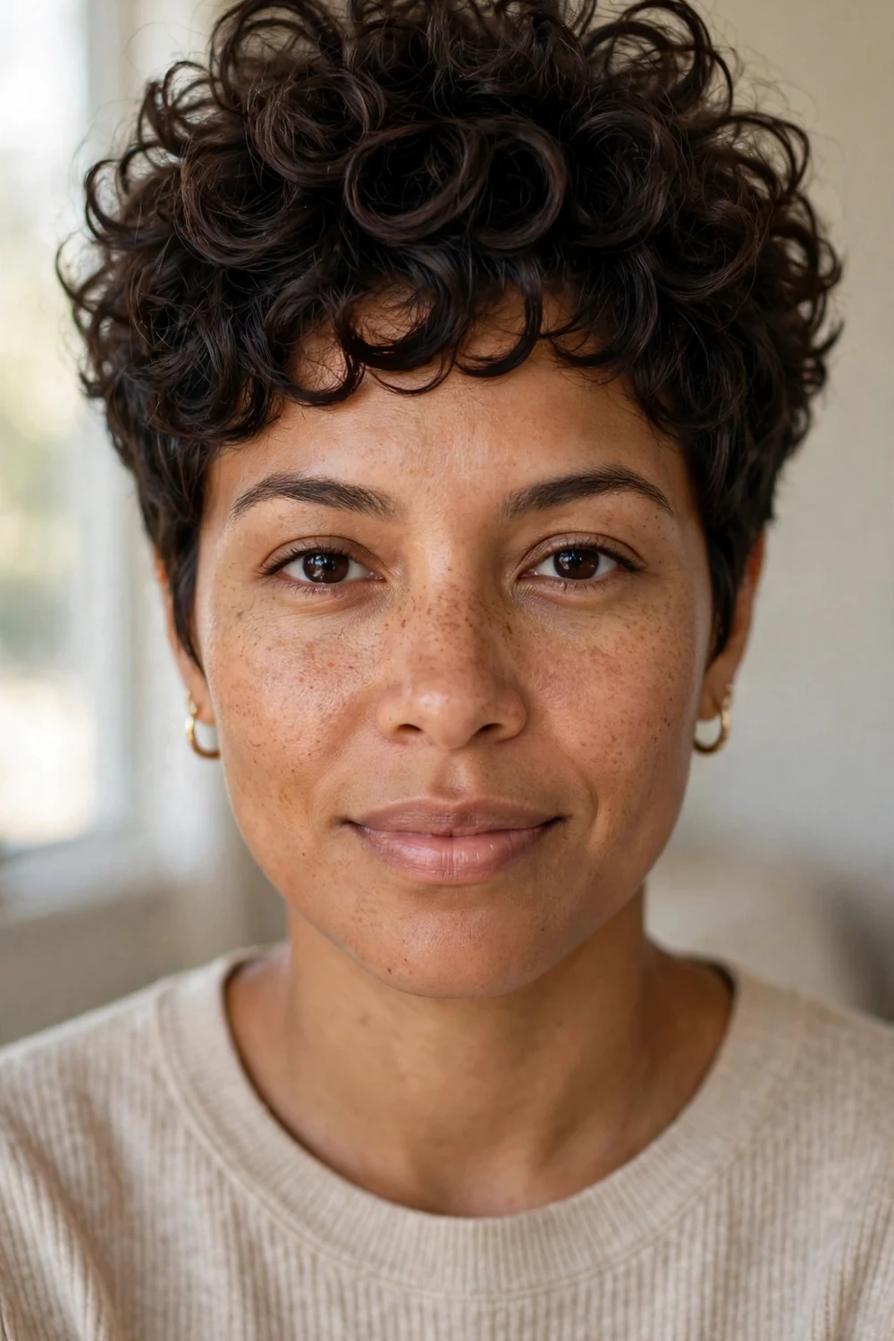 Curly pixie with defined curls and crown height