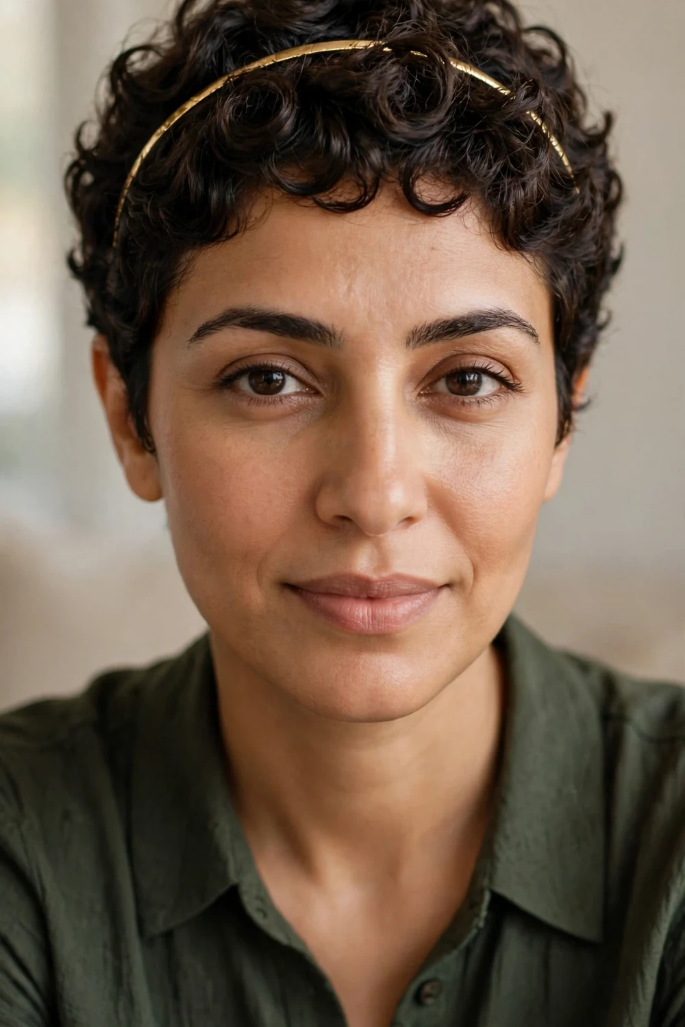 Woman with a curly pixie styled with a slim gold headband
