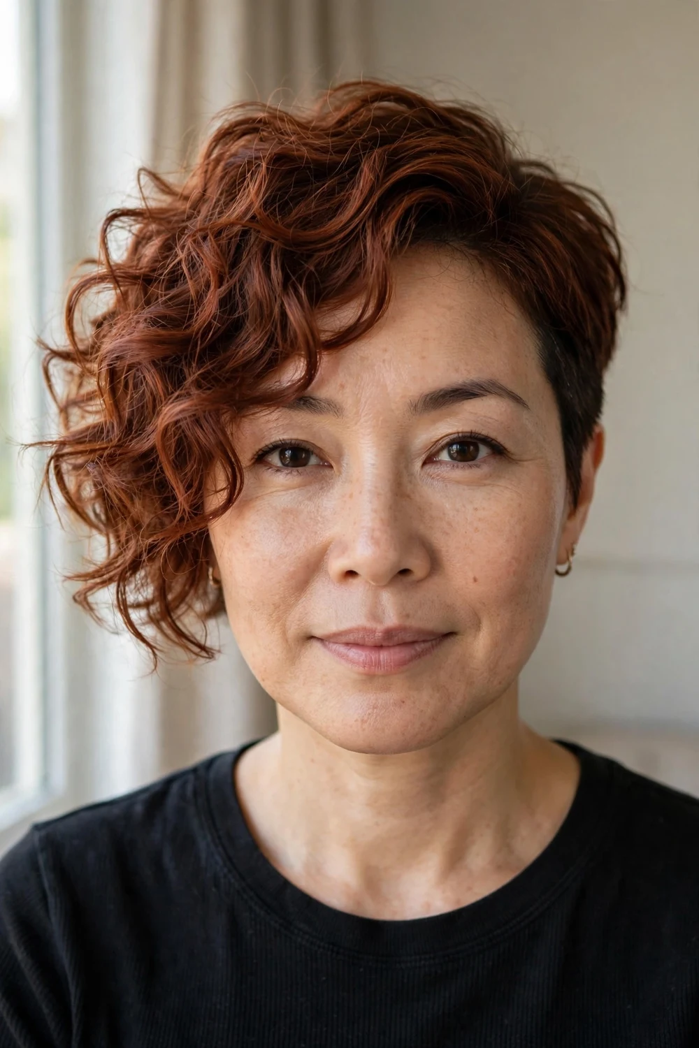 Woman with an asymmetrical curly pixie, longer curls on one side