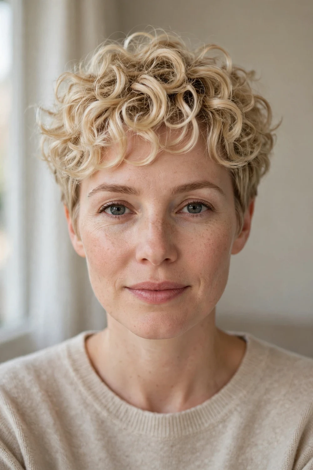 Woman with a blonde curly pixie, bright bouncy curls
