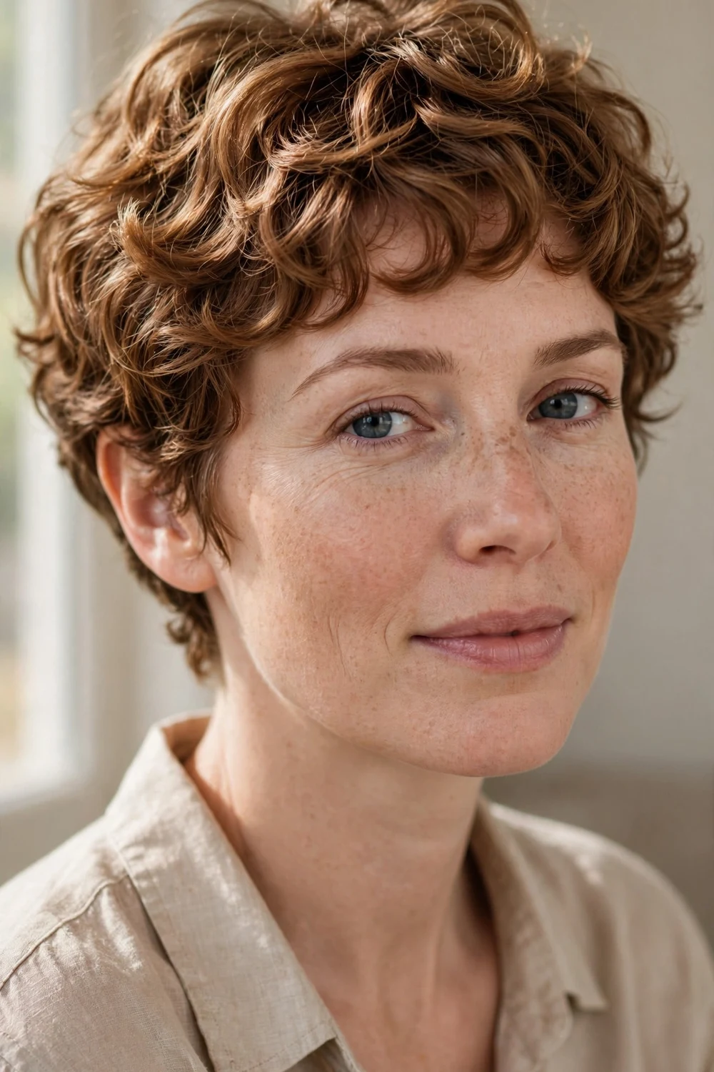 Woman with a soft caramel curly pixie in a rounded shape