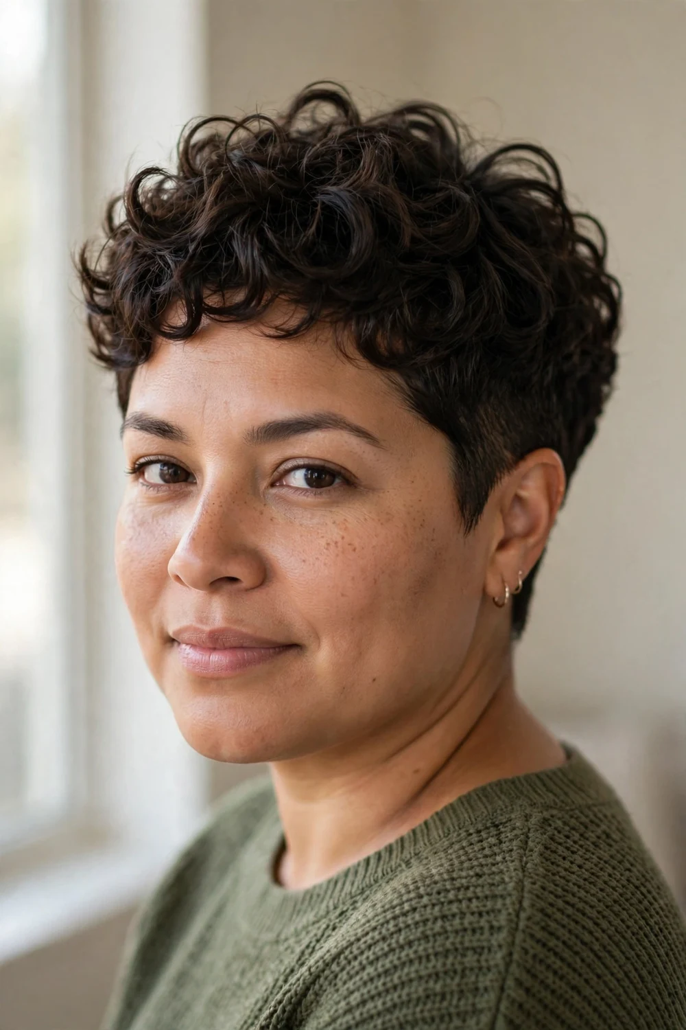 Woman with a classic curly pixie cut, tapered sides and defined curls on top