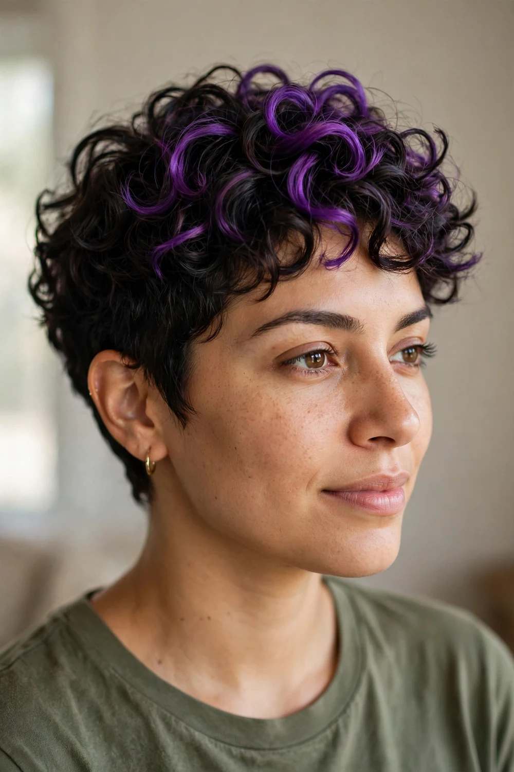 Woman with a curly pixie with bold purple color streaks