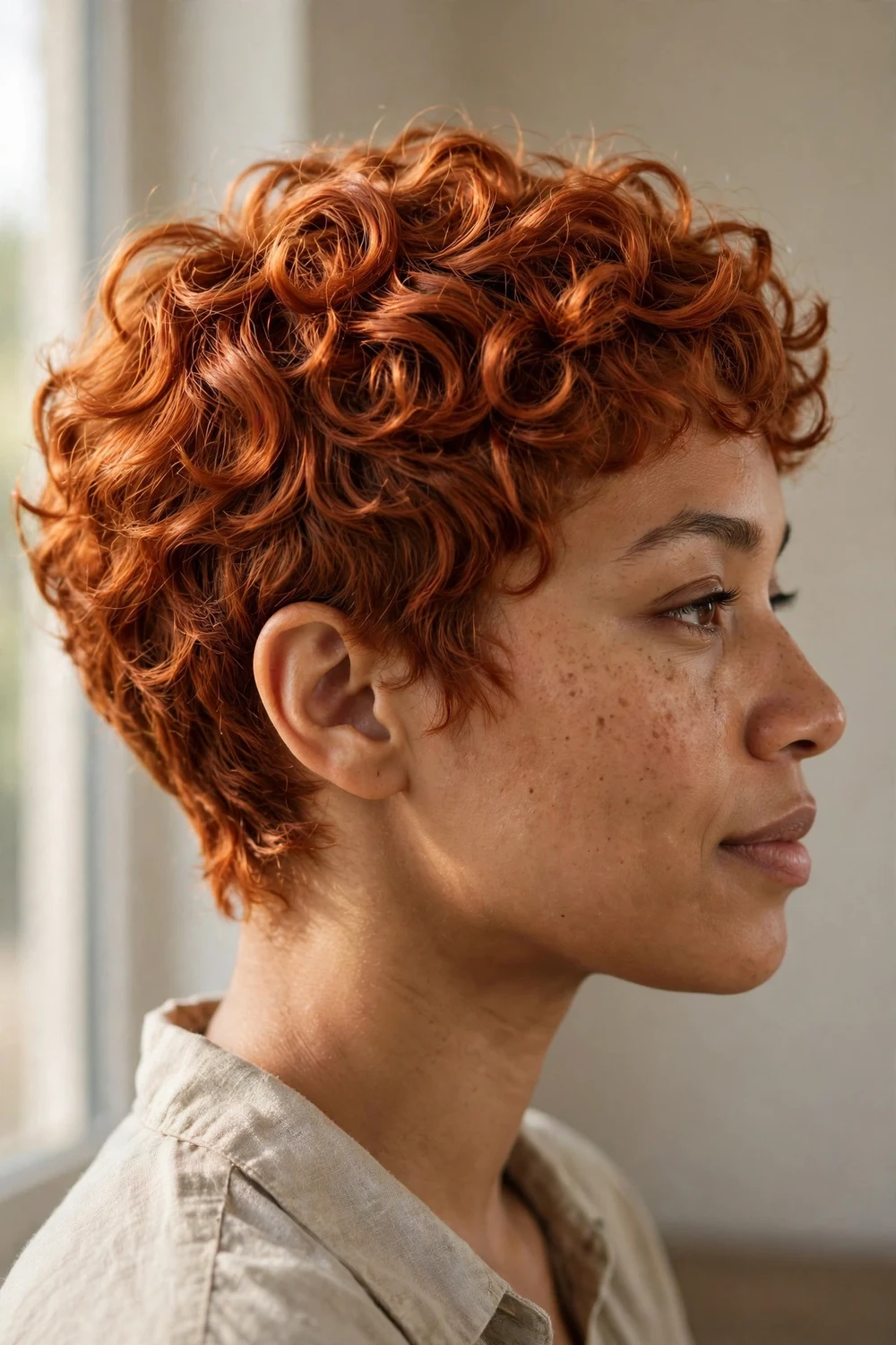 Woman with a copper curly pixie, rich ginger tones and layered curls