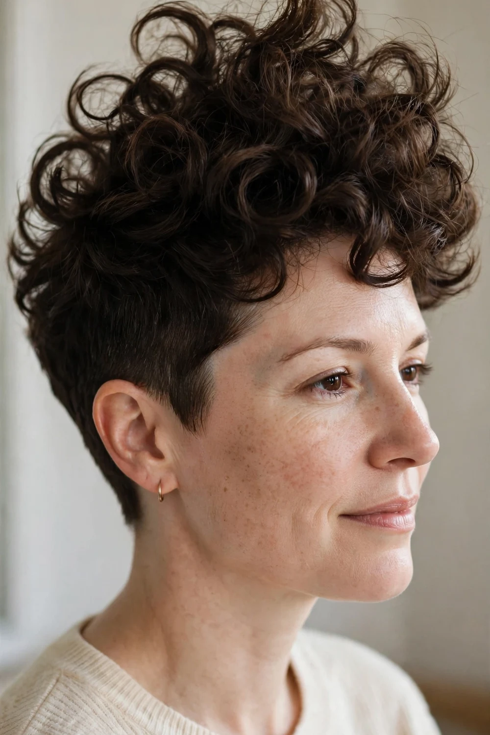 Woman with a curly pixie with dramatic lift at the crown