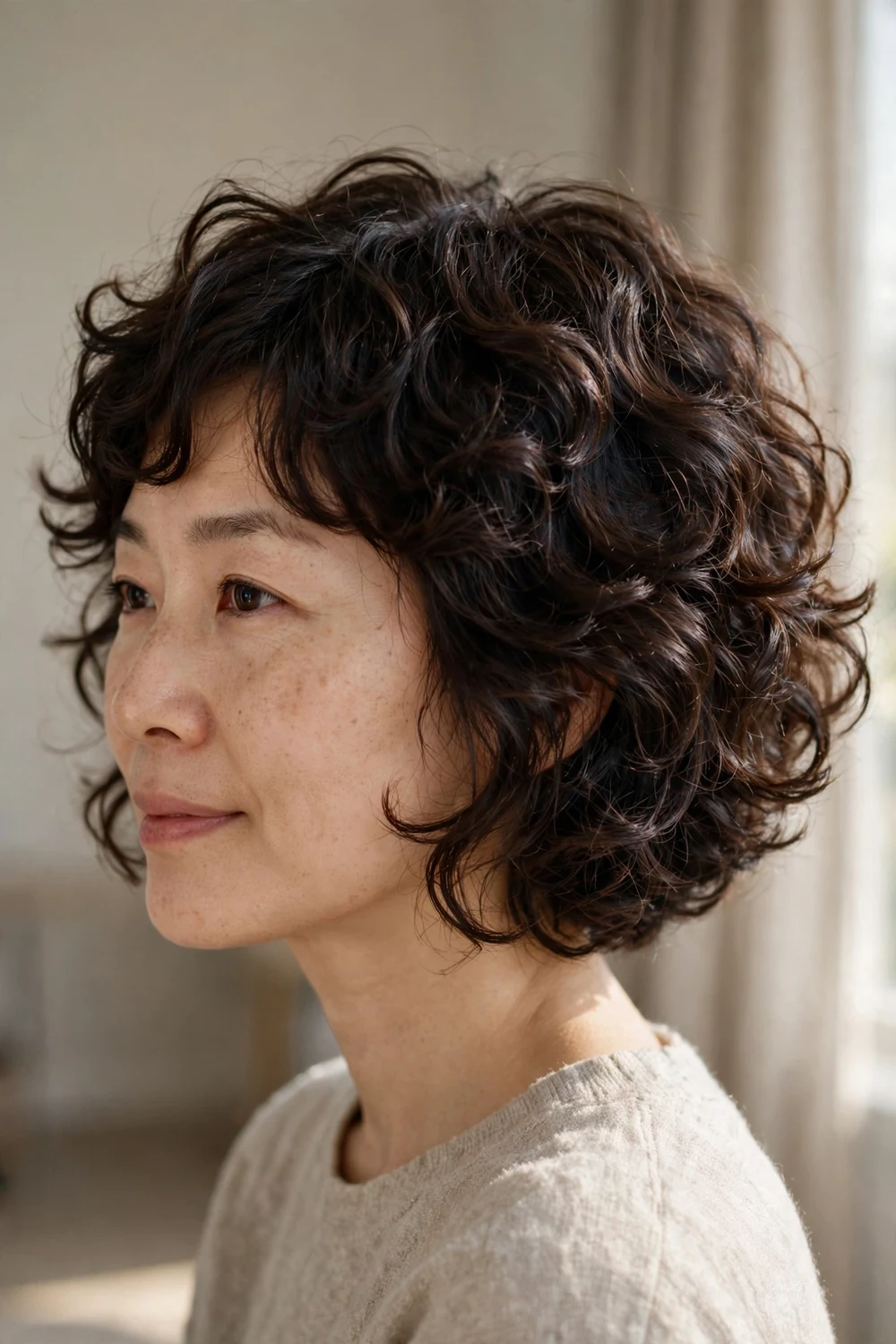 Woman with a curly pixie bob, rounded jaw-length shape