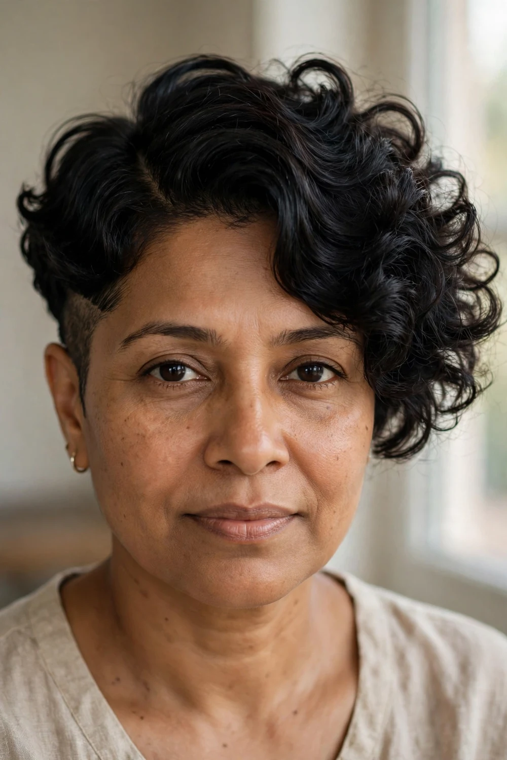 Woman with a curly pixie styled with a deep side part