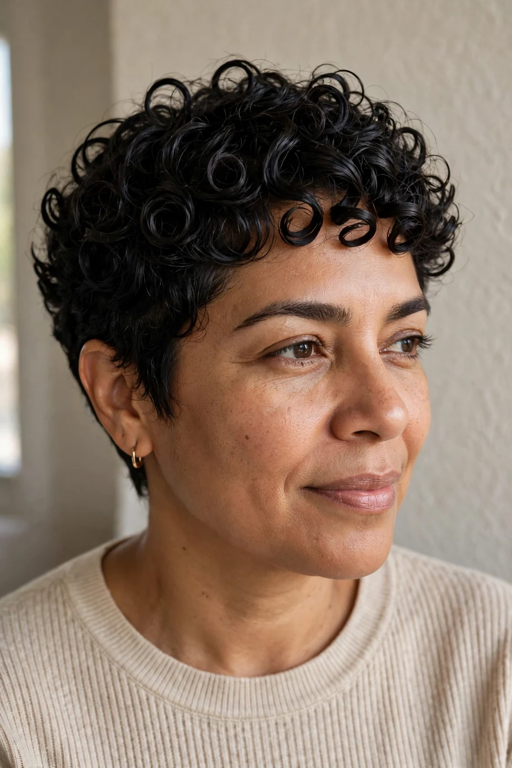 Woman with a curly pixie with crisp defined spiral curls