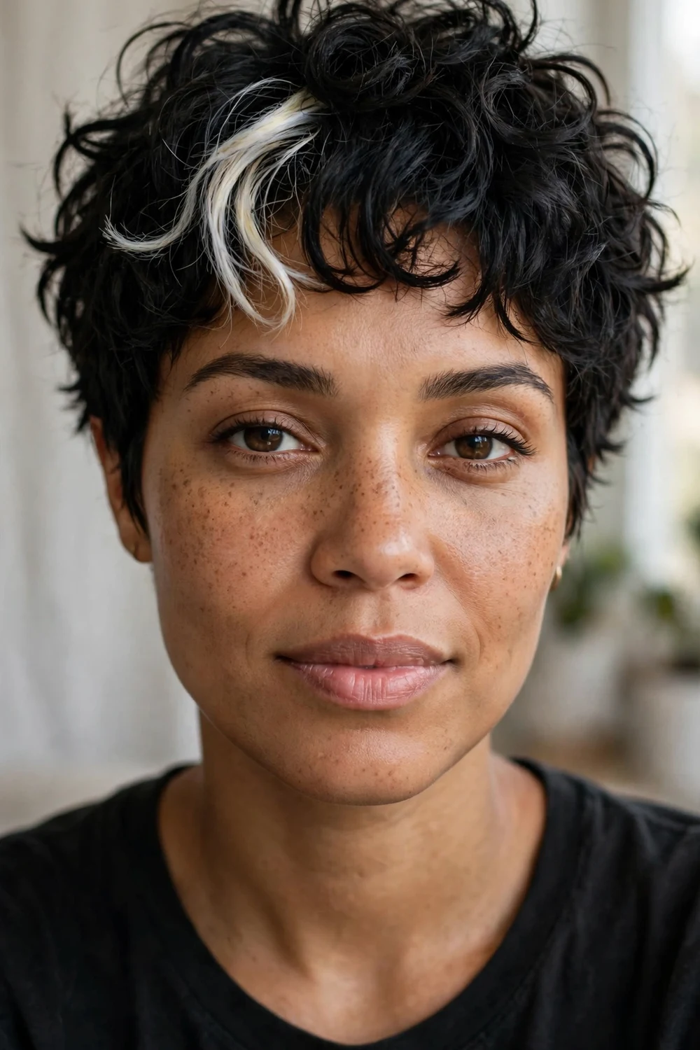 Woman with an edgy curly pixie, choppy layers and a platinum streak