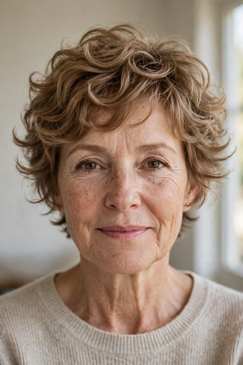 Woman with a feathered curly pixie, soft airy curl layers