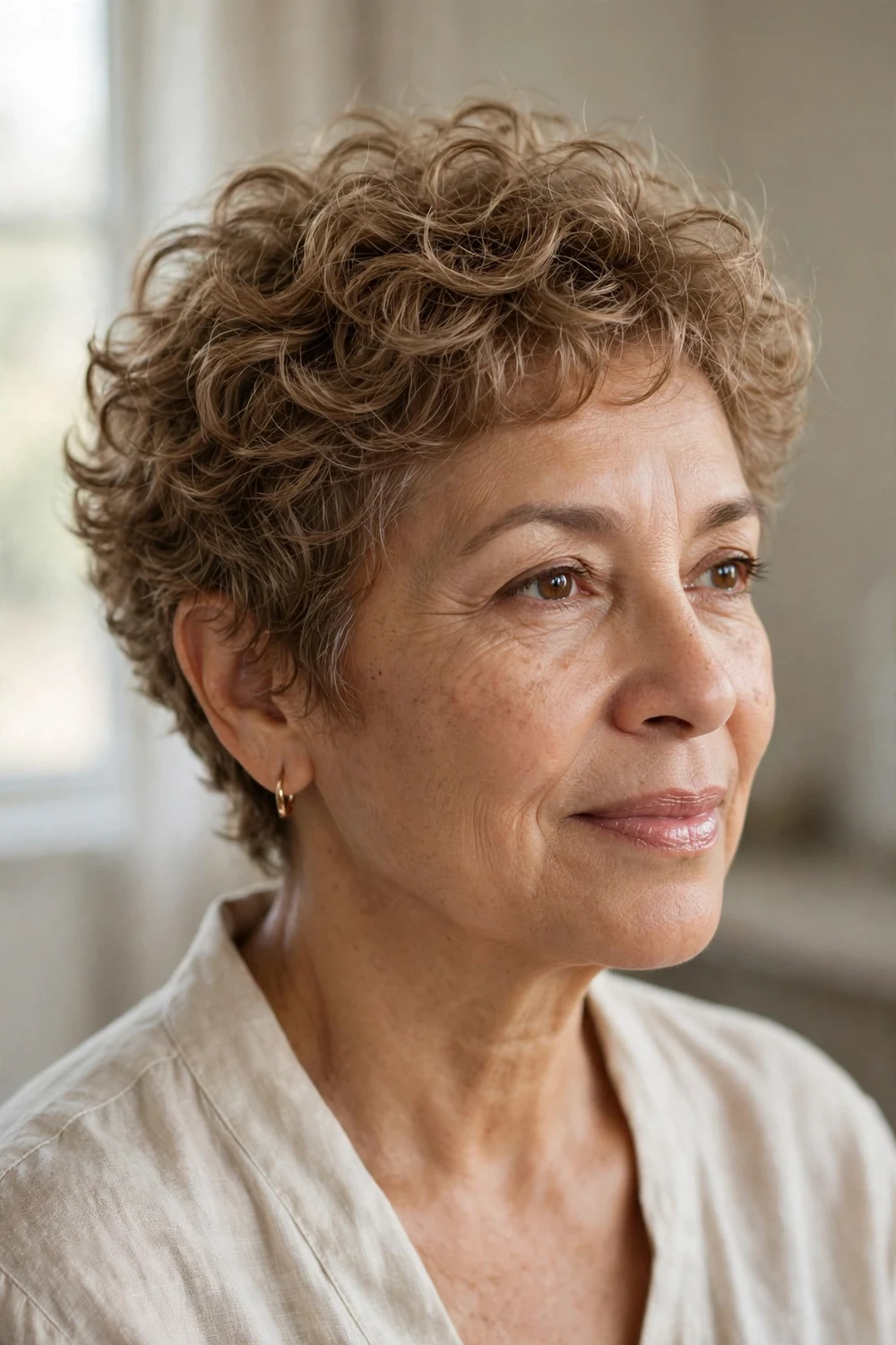 Woman with a curly pixie for fine hair, airy layered curls