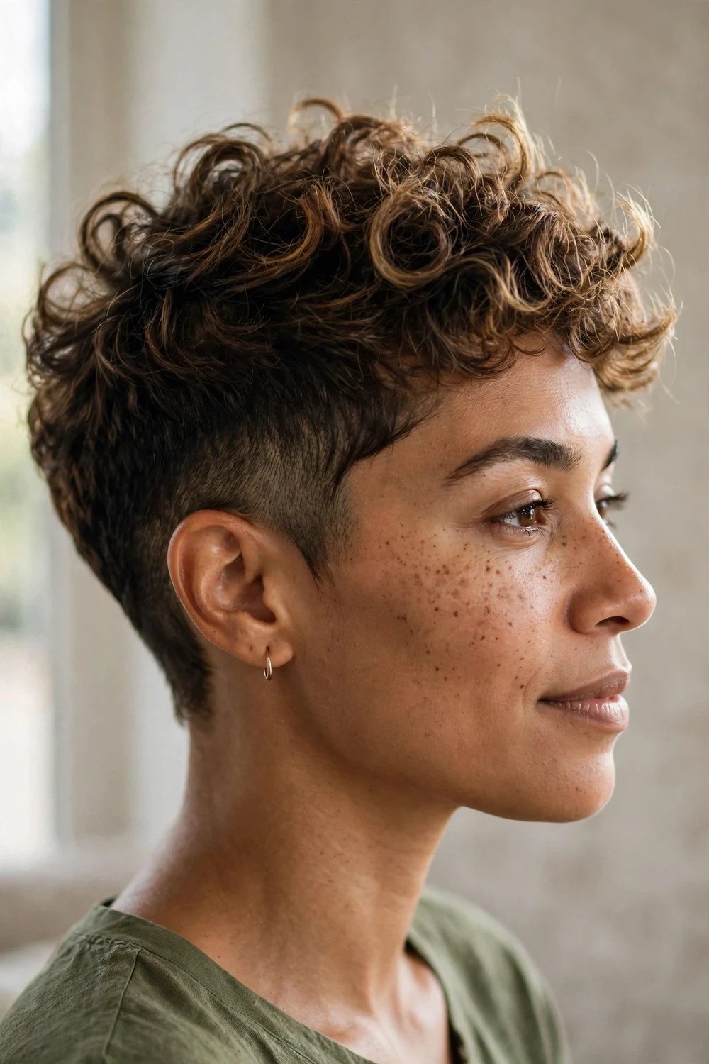 Woman with a curly pixie with graduated sides blending into longer curls