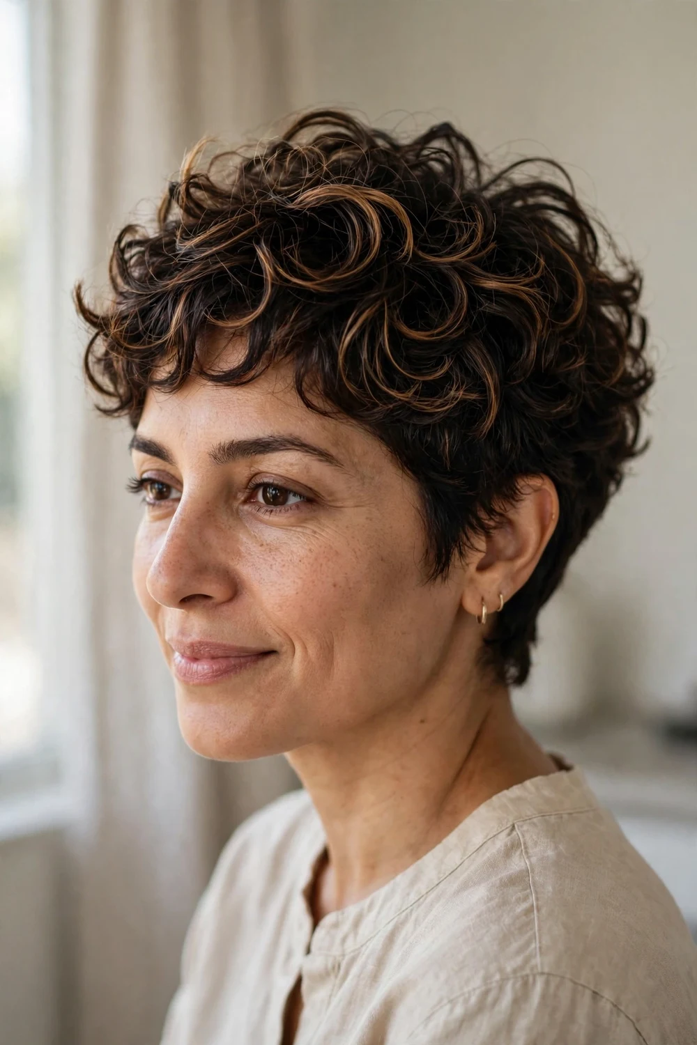 Woman with a curly pixie with caramel highlights through the curls