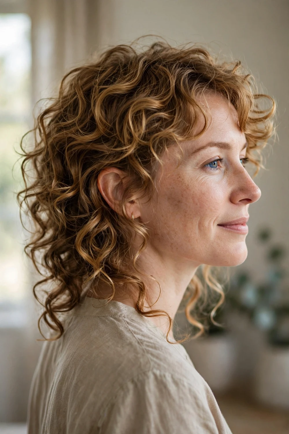 Woman with a long curly pixie, extended length with loose curls