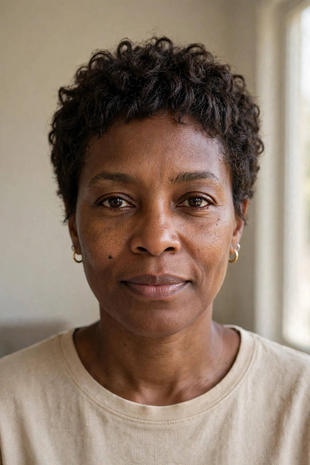 Woman with a natural curly pixie, untouched defined curls