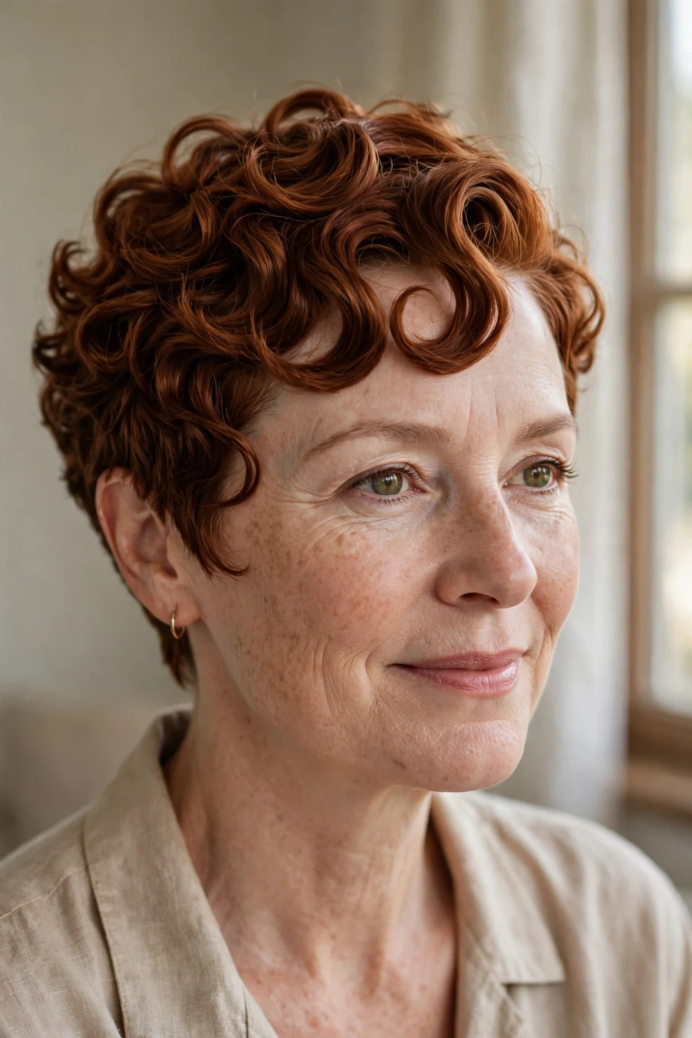 Woman with a retro-inspired curly pixie with sculpted vintage curls