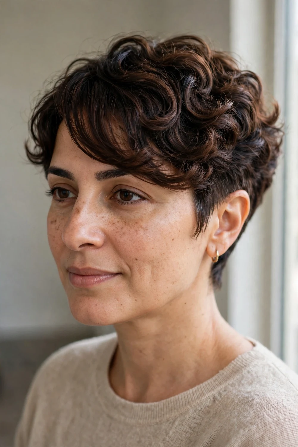 Woman with a curly pixie and long side-swept curly bangs