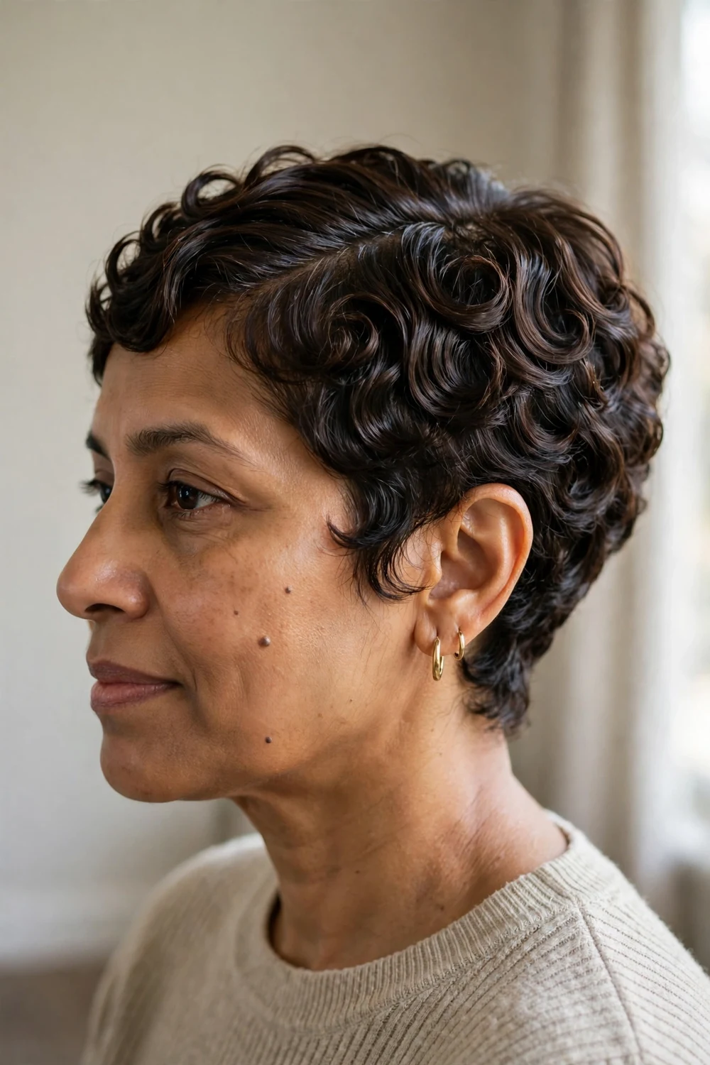 Woman with a sleek curly pixie, smooth defined curls close to the scalp