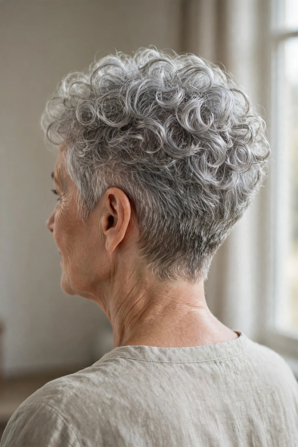 Woman with a tapered curly pixie, faded sides and fuller top