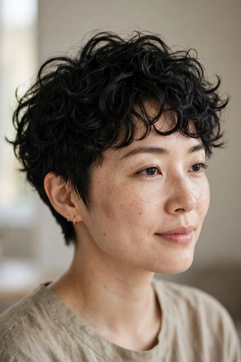 Woman with a textured curly pixie, choppy layered curls
