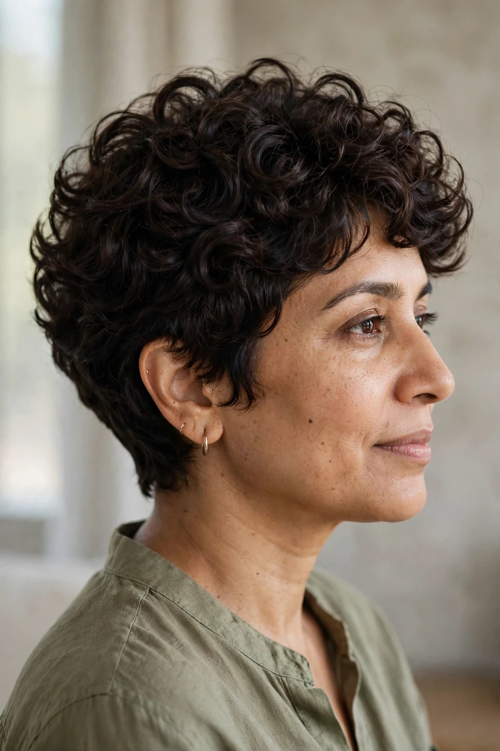 Woman with a curly pixie for thick hair, controlled volume
