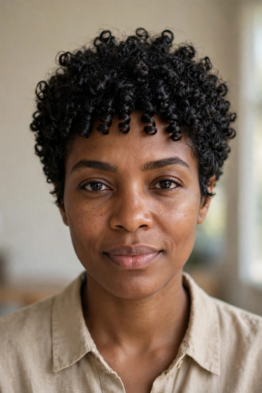 Woman with a curly pixie for tight coils, rounded shape with crown height
