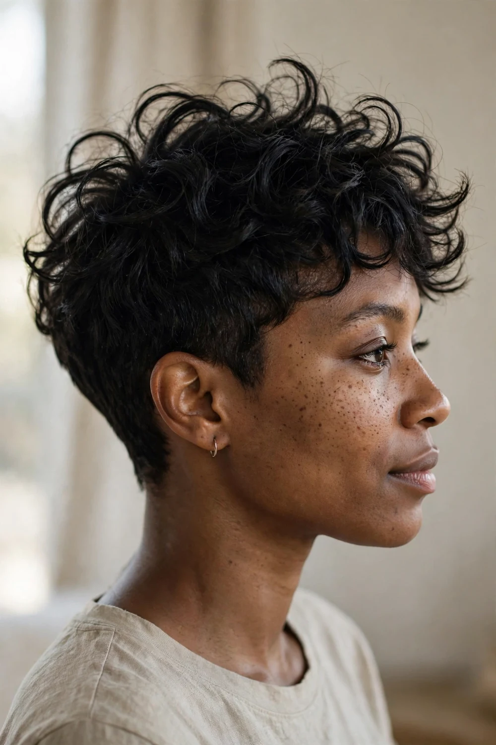 Woman with a tousled curly pixie, natural lift and movement