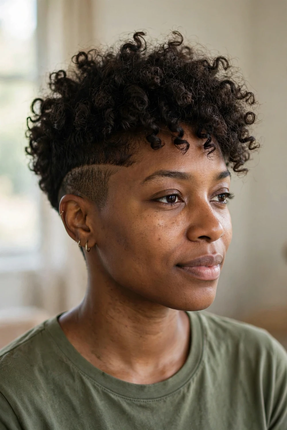 Woman with a curly pixie with an undercut, clipped sides and voluminous top