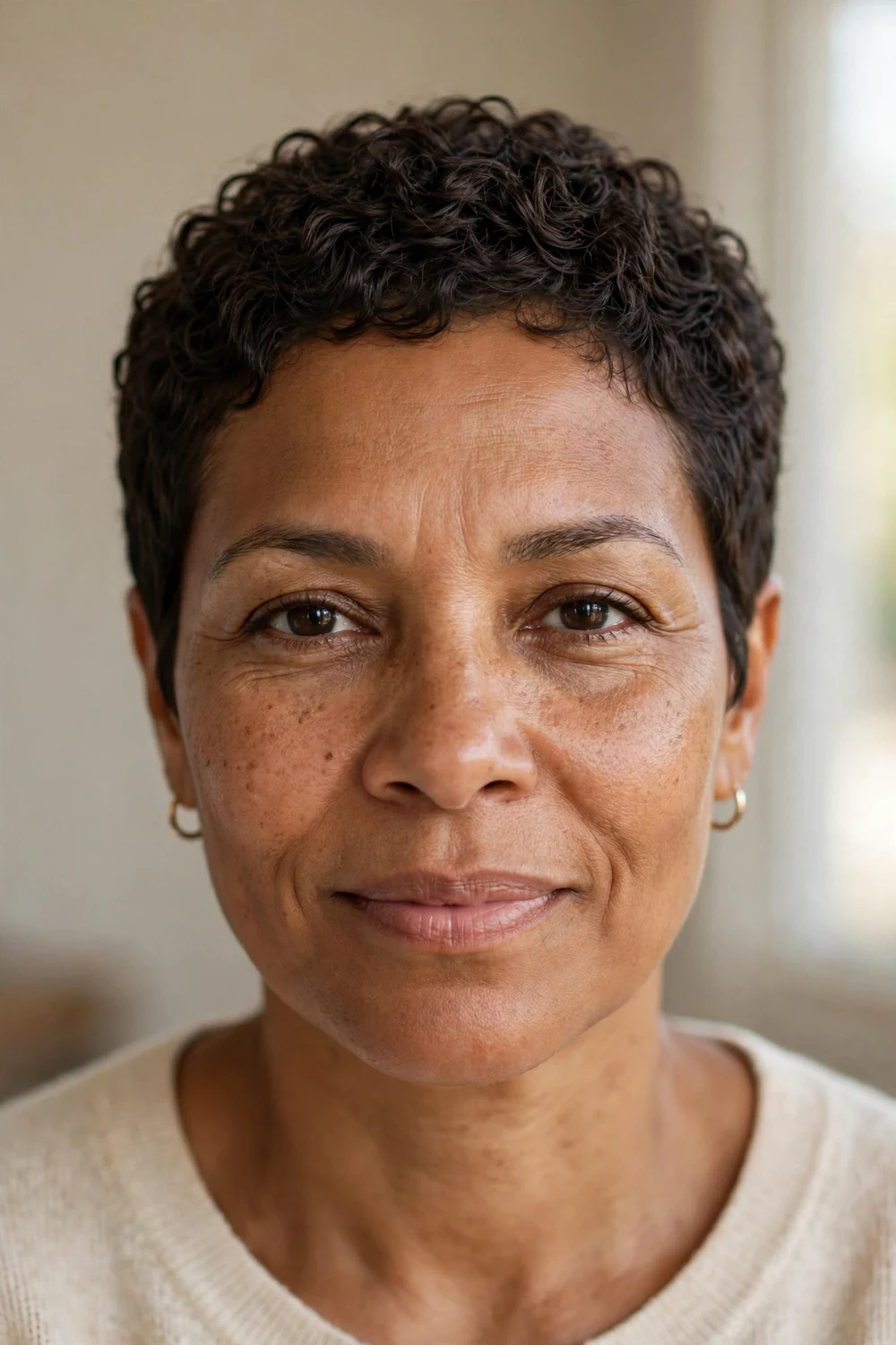 Woman with a very short curly pixie, neat defined curls