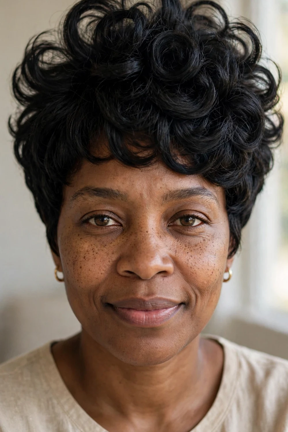 Woman with a voluminous curly pixie, lifted full curls at the crown