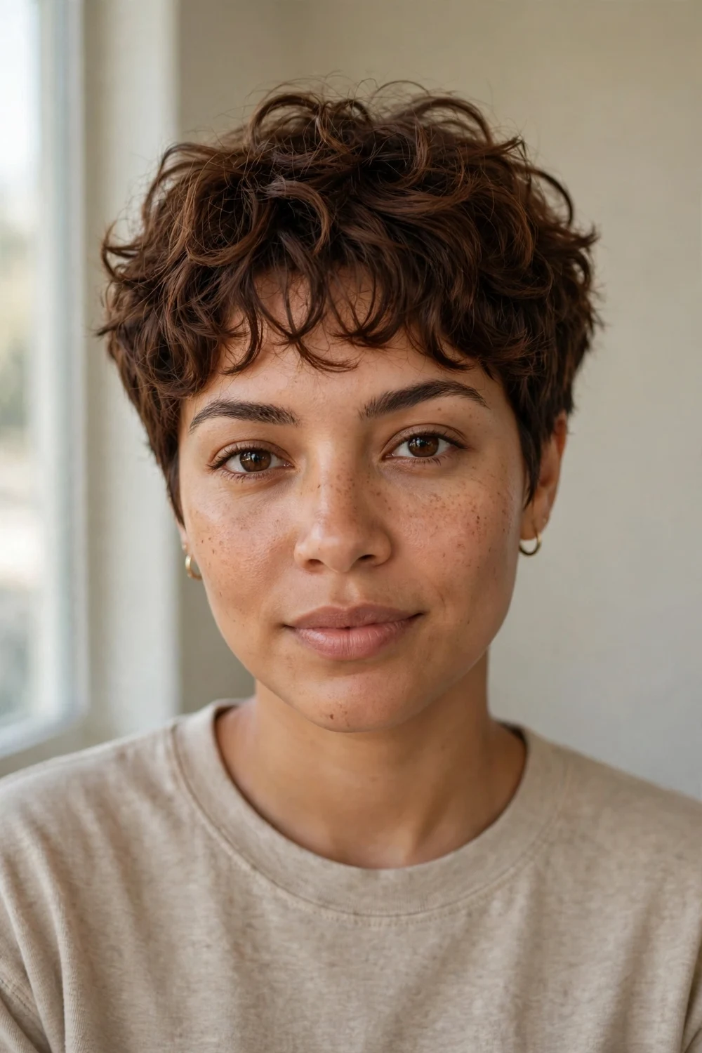 Woman with a curly pixie and wispy curly bangs